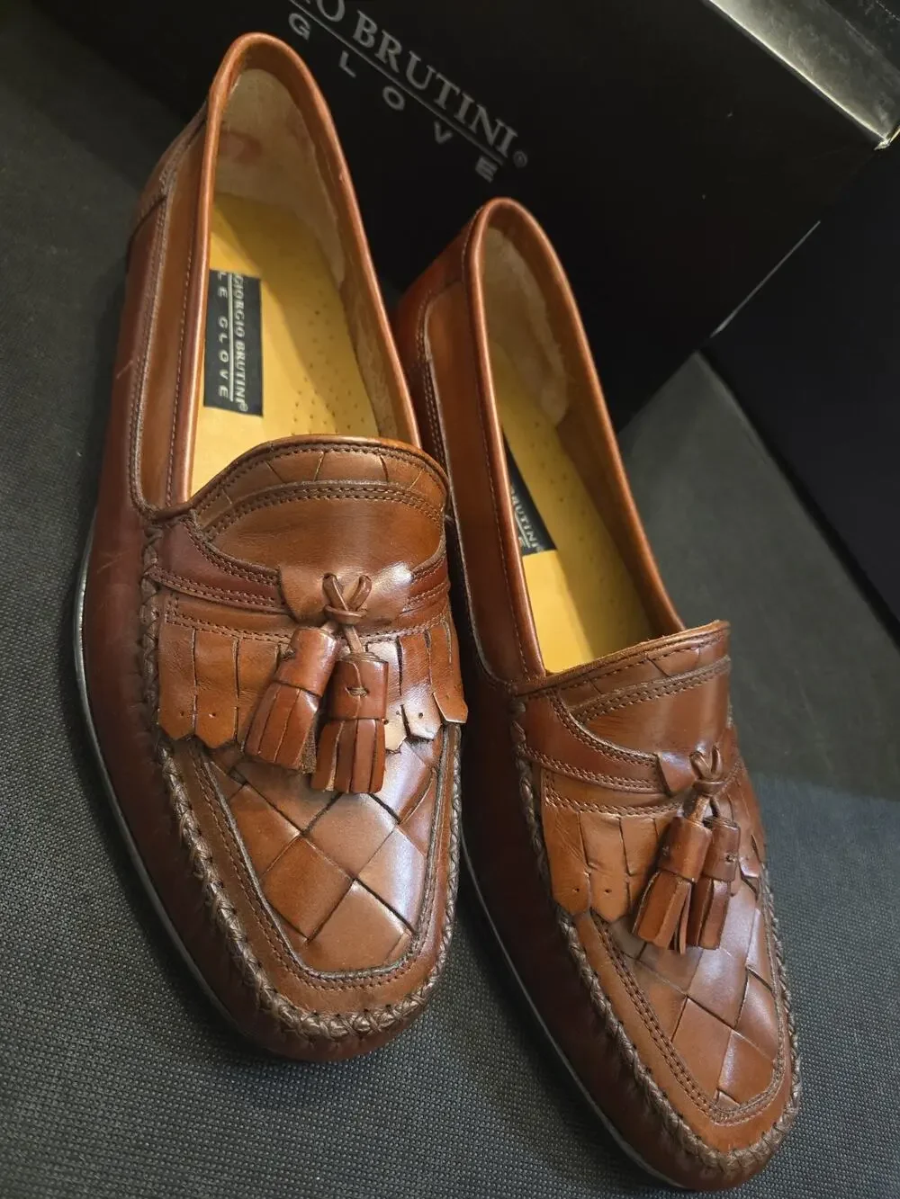Giorgio Brutini Men's Leather Tassel Loafers Size 10.5D Brown Woven Luxury